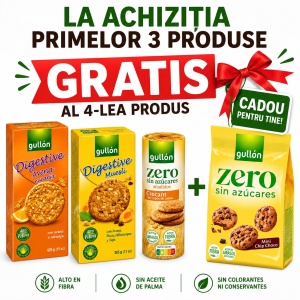 Pachet Promo GULLON 3+1 GRATIS – Biscuiți Digestivi & Fără Zahăr + Mini Biscuiți cu Ciocolată CADOU