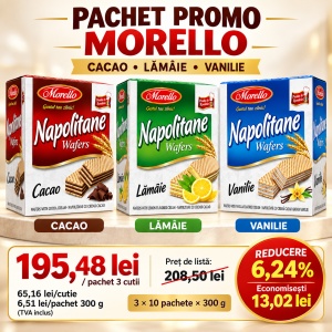 Pachet Promo Napolitane MORELLO 3KG – Cacao, Lămâie și Vanilie (3 cutii x 10 pachete x 300G)