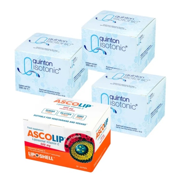 Pachet 3XPlasma Izotonica Quinton 30 fiole x 10 ml + Vitamina C Lipozomala Ascolip cu aroma de cirese, 500 mg, 30 plicuri, Liposhell