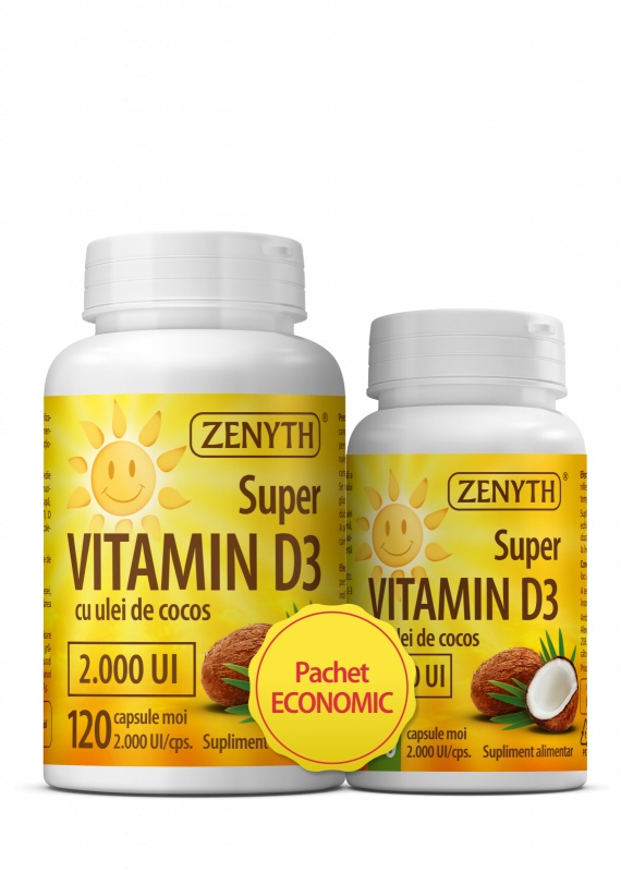 Pachet Super Vitamina D3 cu ulei de cocos 2000UI, 120 + 30 capsule, Zenyth