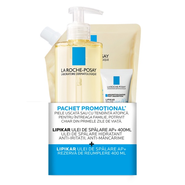 Pachet Ulei De Spalare Lipikar Ap+, 400 Ml + Rezerva, 400 Ml + Balsam Lipikar Baume Light Ap+M, 15 Ml, La Roche-Posay