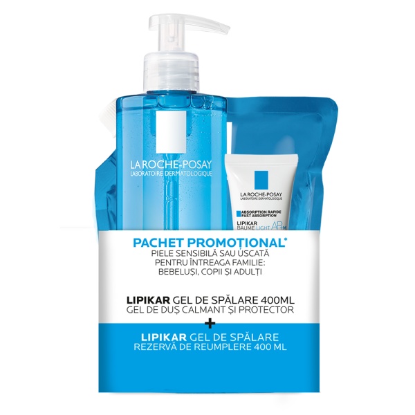 Pachet Gel De Dus Calmant Lipikar, 400 Ml + Rezerva, 400 Ml + Balsam Lipikar Baume Light Ap+M, 15 Ml, La Roche-Posay