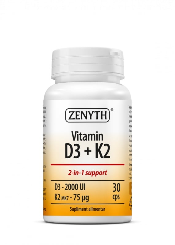 Vitamin D3 2000 UI + K2 75 mcg, 30 capsule, Zenyth