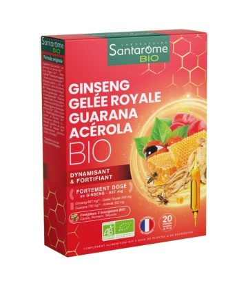 Ginseng, lăptişor de matcă, guarana, acerola Bio, 20 fiole x 10 ml, Santarome