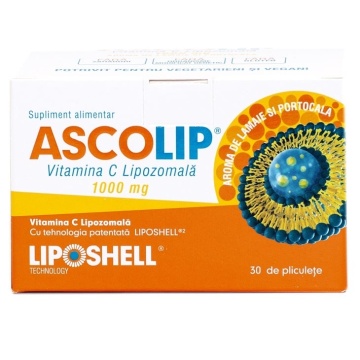 Vitamina C Lipozomala Ascolip cu aroma de portocale, 1000 mg, 30 plicuri, Liposhell