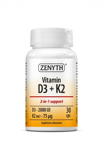 Vitamin D3 2000 UI + K2 75 mcg, 30 capsule, Zenyth