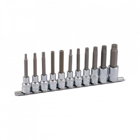 Set de chei tubulare bit cu caneluri + hexagonal 1/2" PROJAHN, 5-10 mm, M6-M16 suport sina 11 buc/set