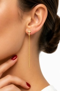 Cercei cu lant aur galben 14 K model CRUCE