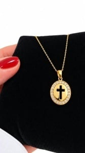 Lant cu pandantiv aur galben 14 K colectie noua model BANUT SI CRUCE - Img 2