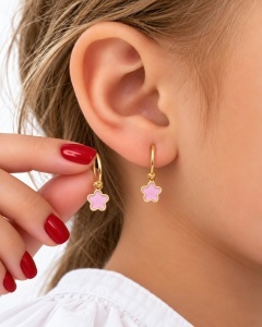 Cercei copii aur galben 14 K colectie ITALIA model FLOARE - PINK