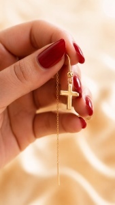 Cercei cu lant aur galben 14 K colectie ITALIA model CRUCE - Img 2