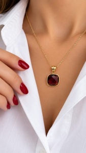Lant cu pandantiv aur galben 14 K colectie noua ITALIA model PATRAT - GRANAT
