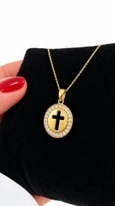 Lant cu pandantiv aur galben 14 K colectie noua model BANUT SI CRUCE - Img 3