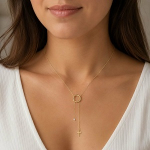 Colier aur galben 14 K model CERC SI CRUCIULITA