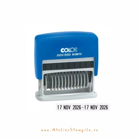 S 120 Double Dater Inaltime cifra: 4mm Culoare suport: albastru Tusiera inclusa: DA COD tusiera: E12 Culaore tusiera: neagra Mini datieră dublă - format zi/luna/an. Banda anilor este valabilă 12 ani.