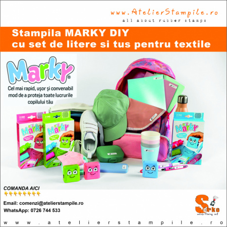 Ștampilă cu tuș de textile și set de litere Marky DIY