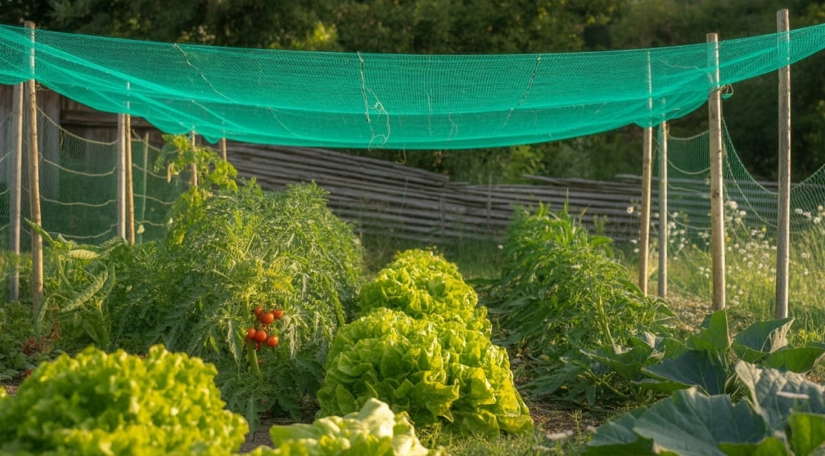 plasa de umbrire verde în grădină protejează plantele