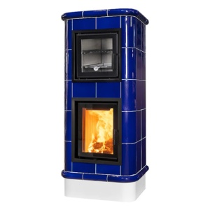 Chef - Soba pe lemne cu acumulare si cuptor, din maiolica - 8,6 kW, model albastru