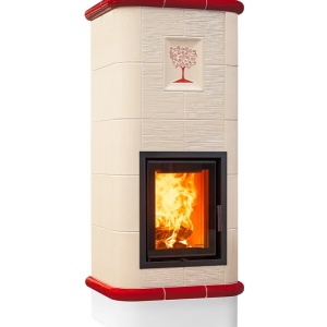 Quadra 5 Levels - Soba pe lemne cu acumulare, din maiolica - 8,2 kW, model rosu QC 036