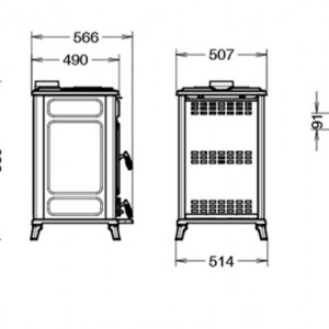 Soba de gatit pe lemne Thermorossi Filo 12,3 kW dimensiuni