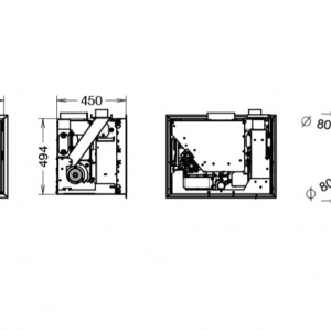Soba pe peleti incorporabila Thermorossi Esprit 490 11,3 kW dimensiuni