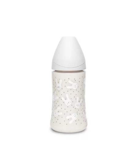 Biberon 270 ml cu tetina rotunda din silicon, 3 fluxuri, iepuras gri Hygge Suavinex - Img 2
