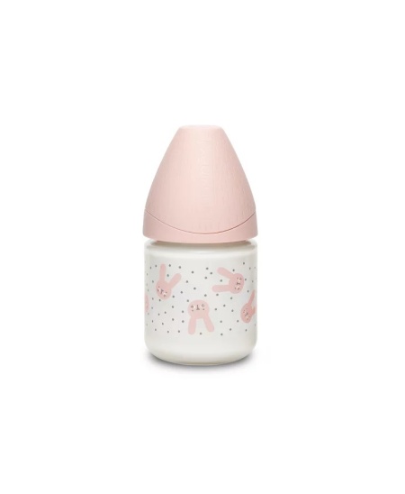 Biberon din sticla 120 ml cu tetina rotunda din silicon, debit lent, iepuras roz Hygge Suavinex - Img 2