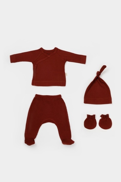 Cutie 4 piese pentru nou nascut - 100% bumbac organic - Caramiziu, BabyCosy - Img 5
