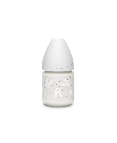 Biberon din sticla 120 ml cu tetina rotunda din silicon, debit lent, iepuras gri Hygge Suavinex - Img 2