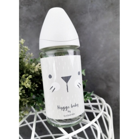 Biberon din sticla 240 ml cu tetina rotunda din silicon, 3 fluxuri, pisica gri Hygge Suavinex - Img 3