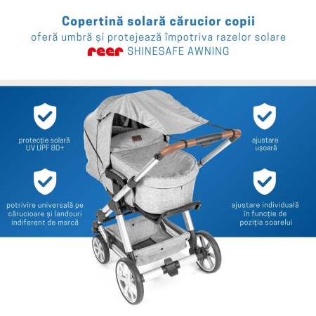 Copertina solara carucior copii, protectie UV UPF 80+, parasolar universal reglabil, protectie vant si ploaie usoara, prindere elastica universala, montare rapida, gri melange, Reer ShineSafe 84301 - Img 3