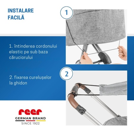 Copertina solara carucior copii, protectie UV UPF 80+, parasolar universal reglabil, protectie vant si ploaie usoara, prindere elastica universala, montare rapida, gri melange, Reer ShineSafe 84301 - Img 7