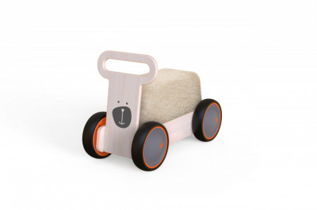 Jucarie din lemn 3 in 1 Ursulet DriveMe Soft: masinuta ride-on, premergator si carucior de jucarii MamaToyz