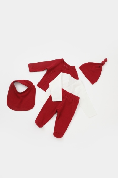 Set de 5 piese pentru nou nascut - 100% bumbac organic - Rosu, BabyCosy - Img 2