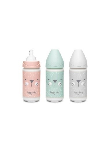 Biberon din sticla 120 ml cu tetina rotunda din silicon, debit lent, iepuras verde Hygge Suavinex - Img 2