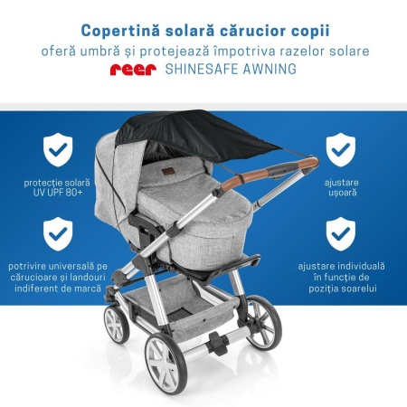 Copertina solara carucior copii, protectie UV UPF 80+, parasolar universal reglabil, protectie vant si ploaie usoara, prindere elastica universala, montare rapida, negru, Reer ShineSafe 84291 - Img 3