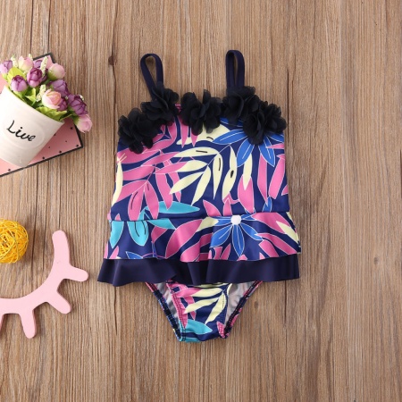 Costum de baie mov cu frunze si floricele aplicate Drool - Img 5