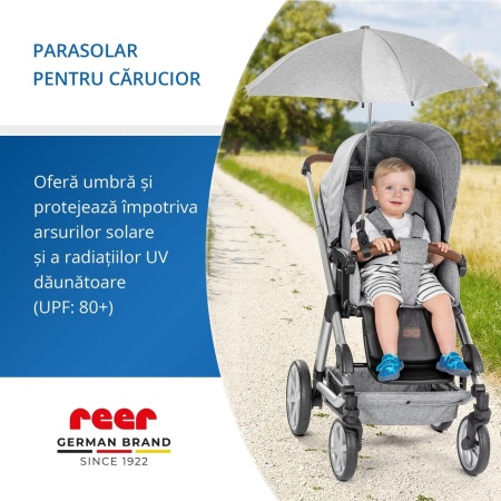 Umbrela parasolar carucior copii, protectie UV 80+, forma patrata 80 cm, reglabila 180°, prindere universala anti-alunecare, gri melange, Reer ShineSafe 84271 - Img 8