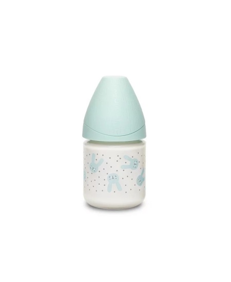 Biberon din sticla 120 ml cu tetina rotunda din silicon, debit lent, iepuras verde Hygge Suavinex - Img 9