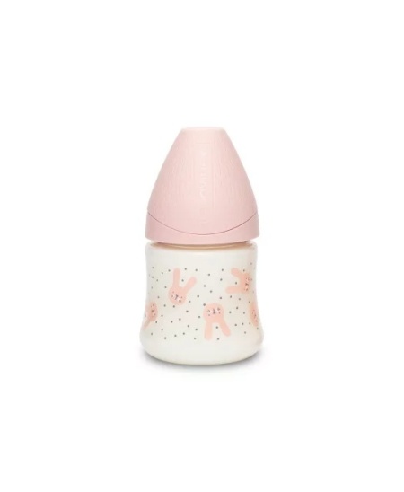 Biberon 150 ml cu tetina rotunda din silicon, debit lent, iepuras roz Hygge Suavinex - Img 2