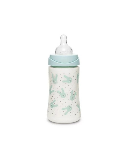 Biberon 270 ml cu tetina rotunda din silicon, 3 fluxuri, iepuras verde Hygge Suavinex - Img 3