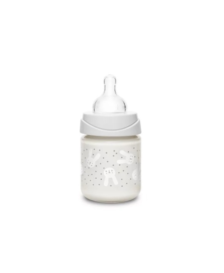 Biberon din sticla 120 ml cu tetina rotunda din silicon, debit lent, iepuras gri Hygge Suavinex - Img 3
