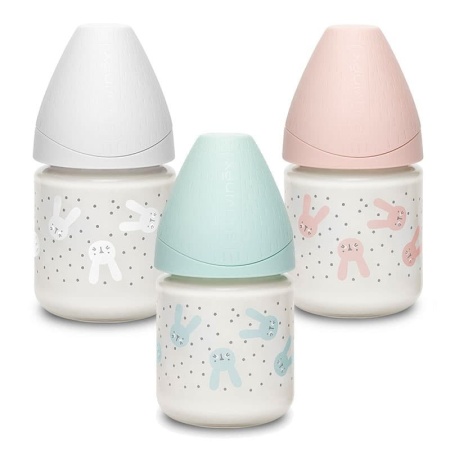 Biberon din sticla 120 ml cu tetina rotunda din silicon, debit lent, iepuras verde Hygge Suavinex - Img 6