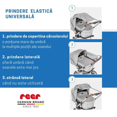 Copertina solara carucior copii, protectie UV UPF 80+, parasolar universal reglabil, protectie vant si ploaie usoara, prindere elastica universala, montare rapida, gri melange, Reer ShineSafe 84301 - Img 4