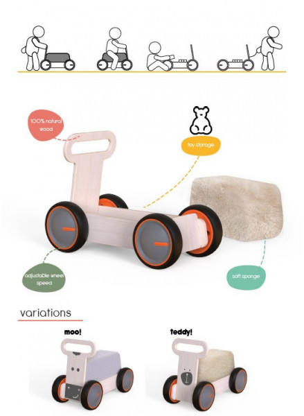 Jucarie din lemn 3 in 1 Ursulet DriveMe Soft: masinuta ride-on, premergator si carucior de jucarii MamaToyz - Img 7