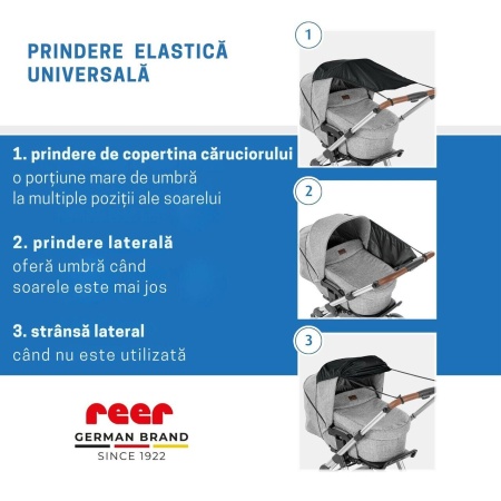 Copertina solara carucior copii, protectie UV UPF 80+, parasolar universal reglabil, protectie vant si ploaie usoara, prindere elastica universala, montare rapida, negru, Reer ShineSafe 84291 - Img 4