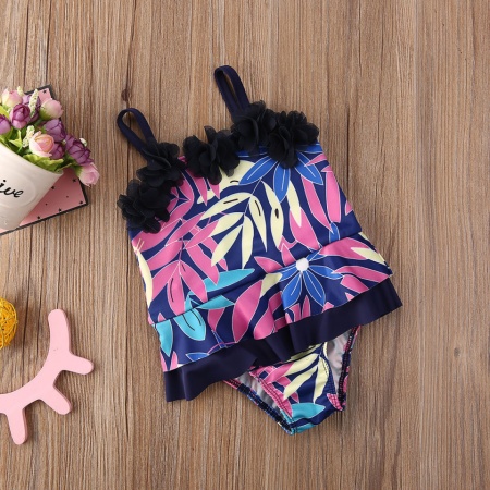 Costum de baie mov cu frunze si floricele aplicate Drool - Img 6