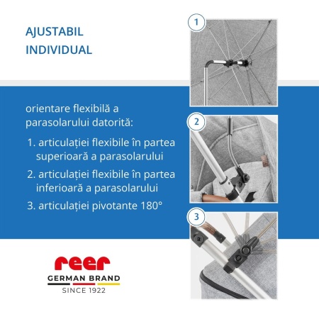 Umbrela parasolar carucior copii, protectie UV 80+, forma patrata 80 cm, reglabila 180°, prindere universala anti-alunecare, gri melange, Reer ShineSafe 84271 - Img 9