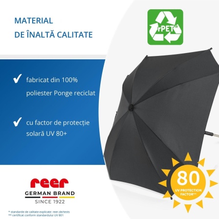 Umbrela parasolar carucior copii, protectie UV 80+, forma patrata 80 cm, reglabila 180°, prindere universala anti-alunecare, negru, Reer ShineSafe 84261 - Img 11