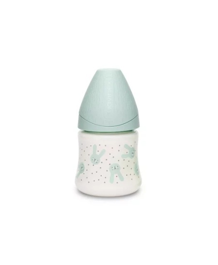 Biberon 150 ml cu tetina rotunda din silicon, debit lent, iepuras verde Hygge Suavinex - Img 2